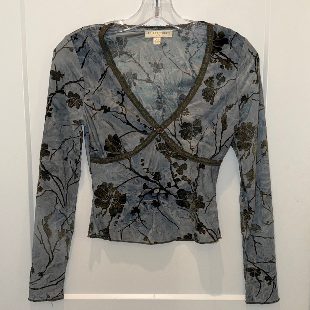 Twenty One by DesiGray Floral Velvet-Trim Long Sleeve Wrap Top